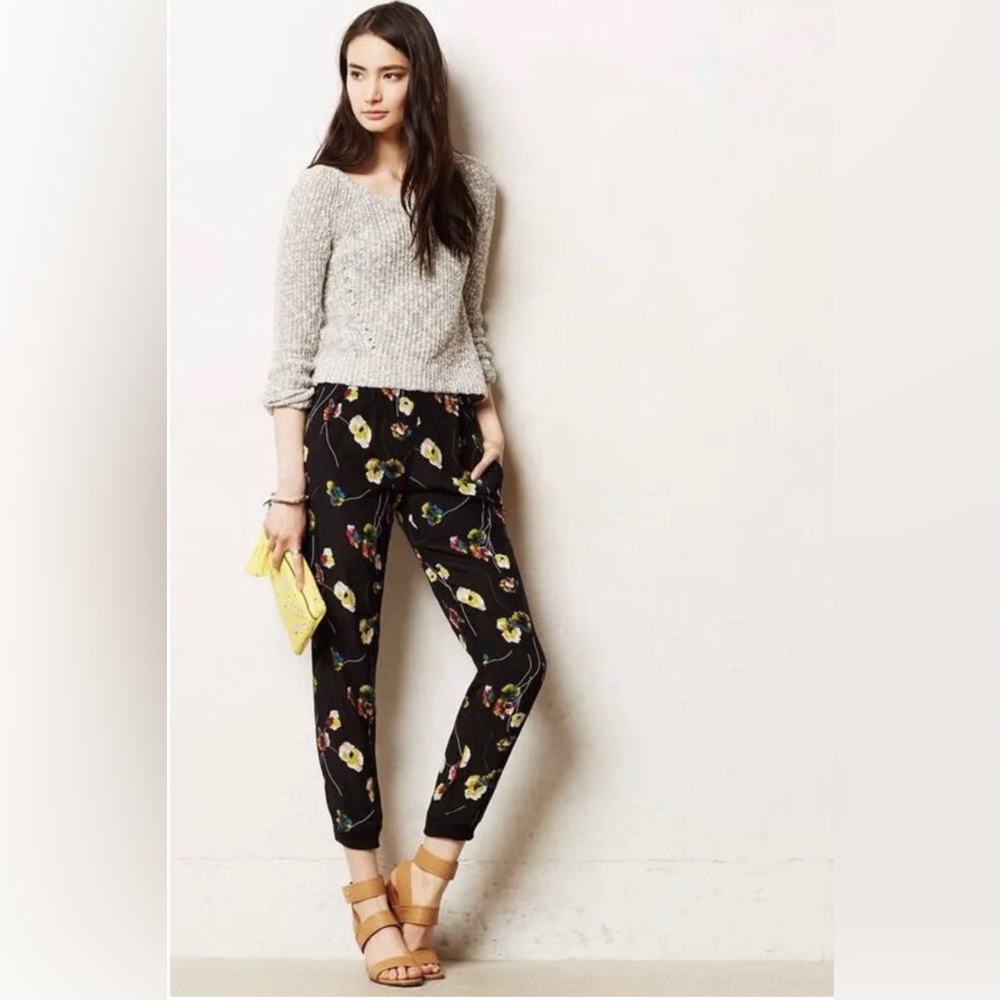 Elevenses Anthropologie Tapered Flora Silk Pull On Pants size 6P